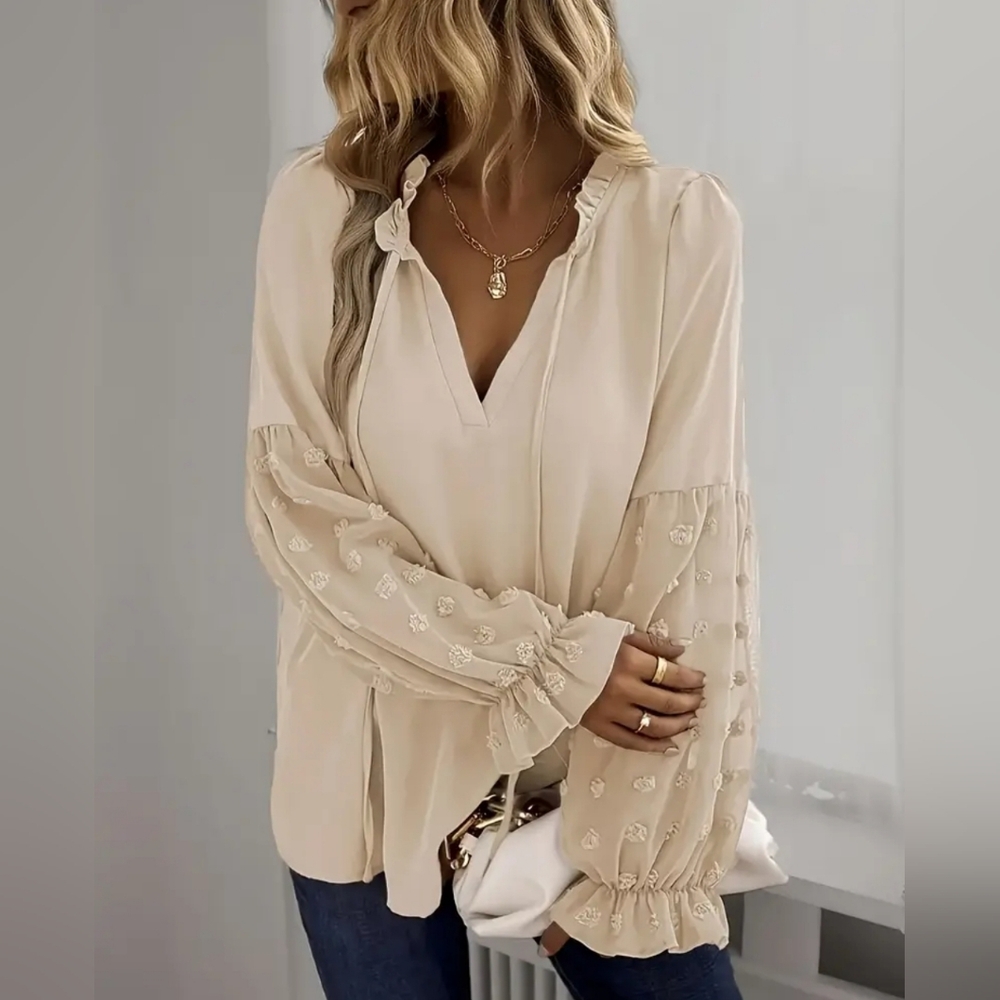 New Boho Flowy Peasant Tie Neck Swiss Dot Blouse Top Cream Beige Ivory - Picture 2 of 7